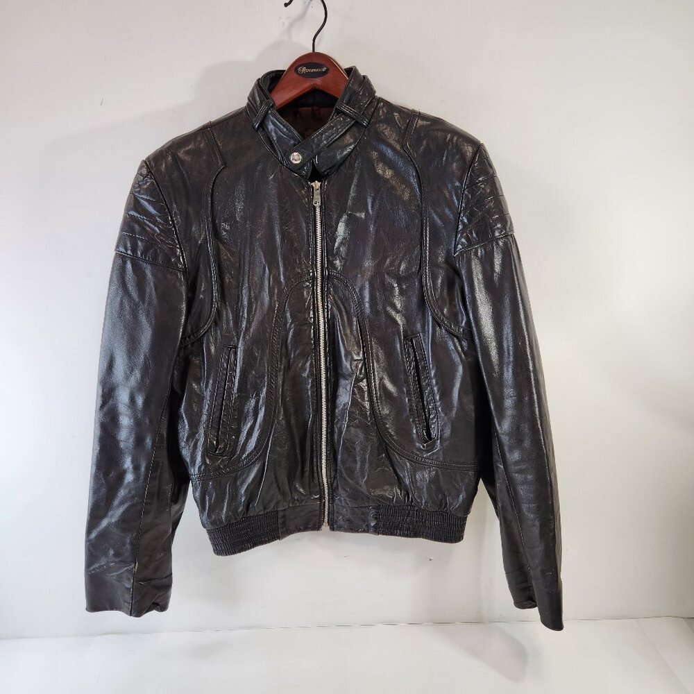 Vintage Leather Ranch Bomber Jacket Black Unisex Distressed